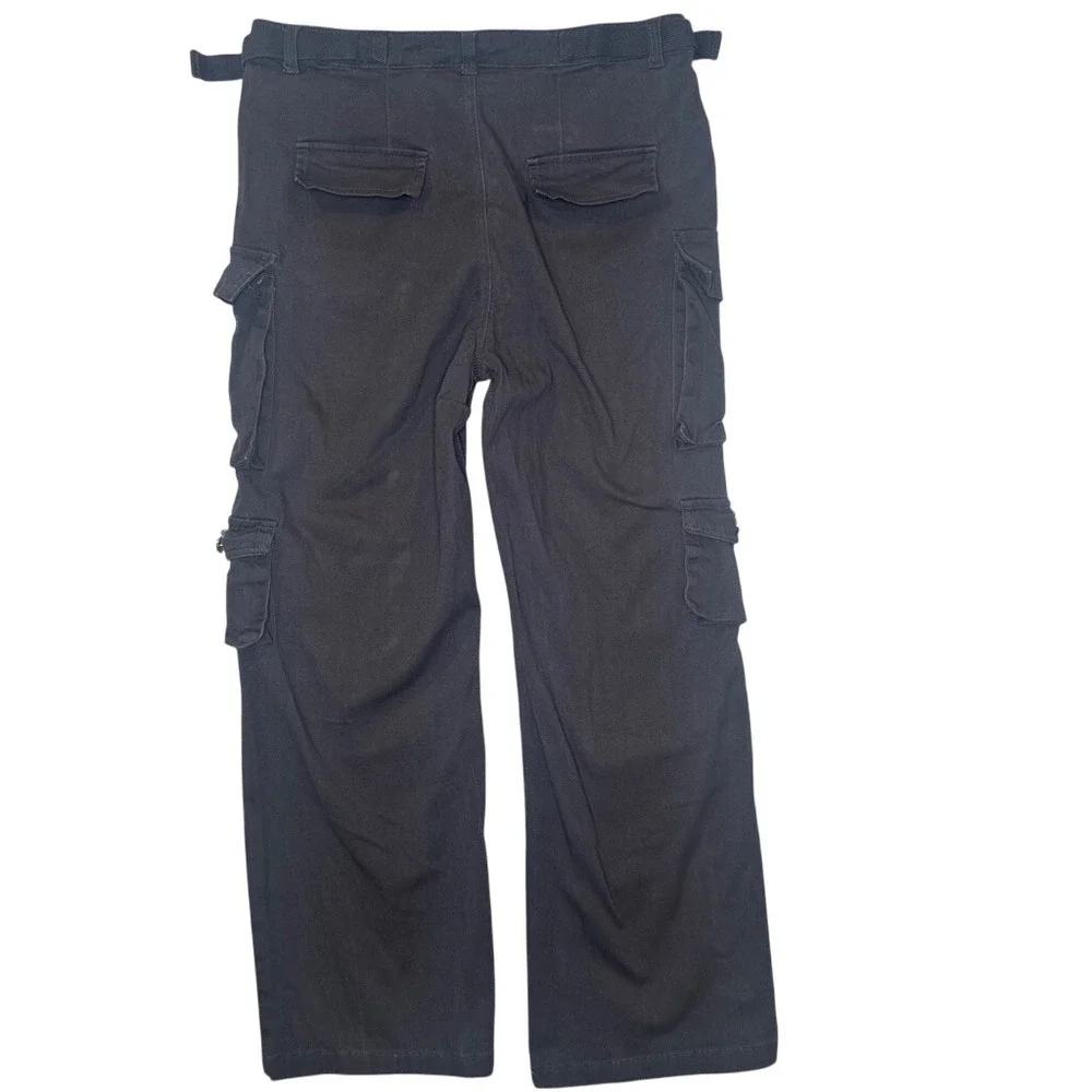 Y2K 90s Quiet Luxury Cargo Pants Black Multi Pocket Utility Wide Leg LARGE - Picture 7 of 9